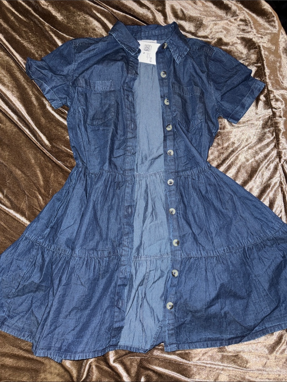 Navy Blue Denim Button-Front Dress button up pockets on the side
